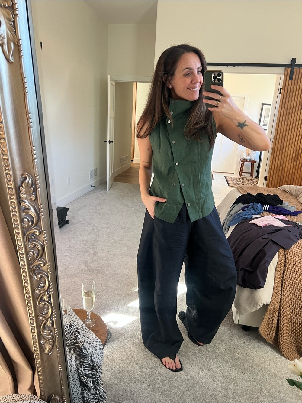 Sleeveless High-Collar Button Front Top - Olive Green